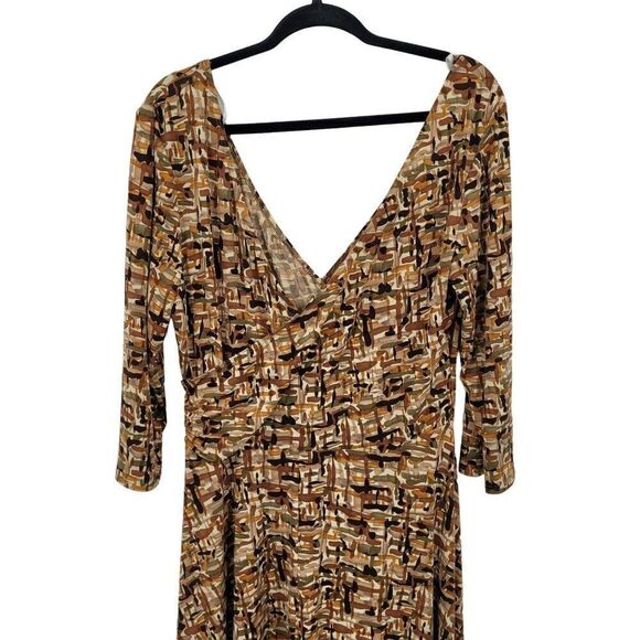 Vintage Slinky Stretch Faux Wrap Dress XL Brown Geometric Gathered Waist Mod USA - Picture 4 of 11